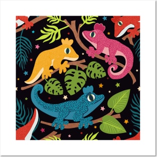 Colourful Crested Geckos with Jungle Leaves and Stars on Black Posters and Art